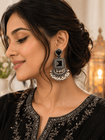 Load image into Gallery viewer, Noir Pearl Chandbali Earrings - Black & Silver