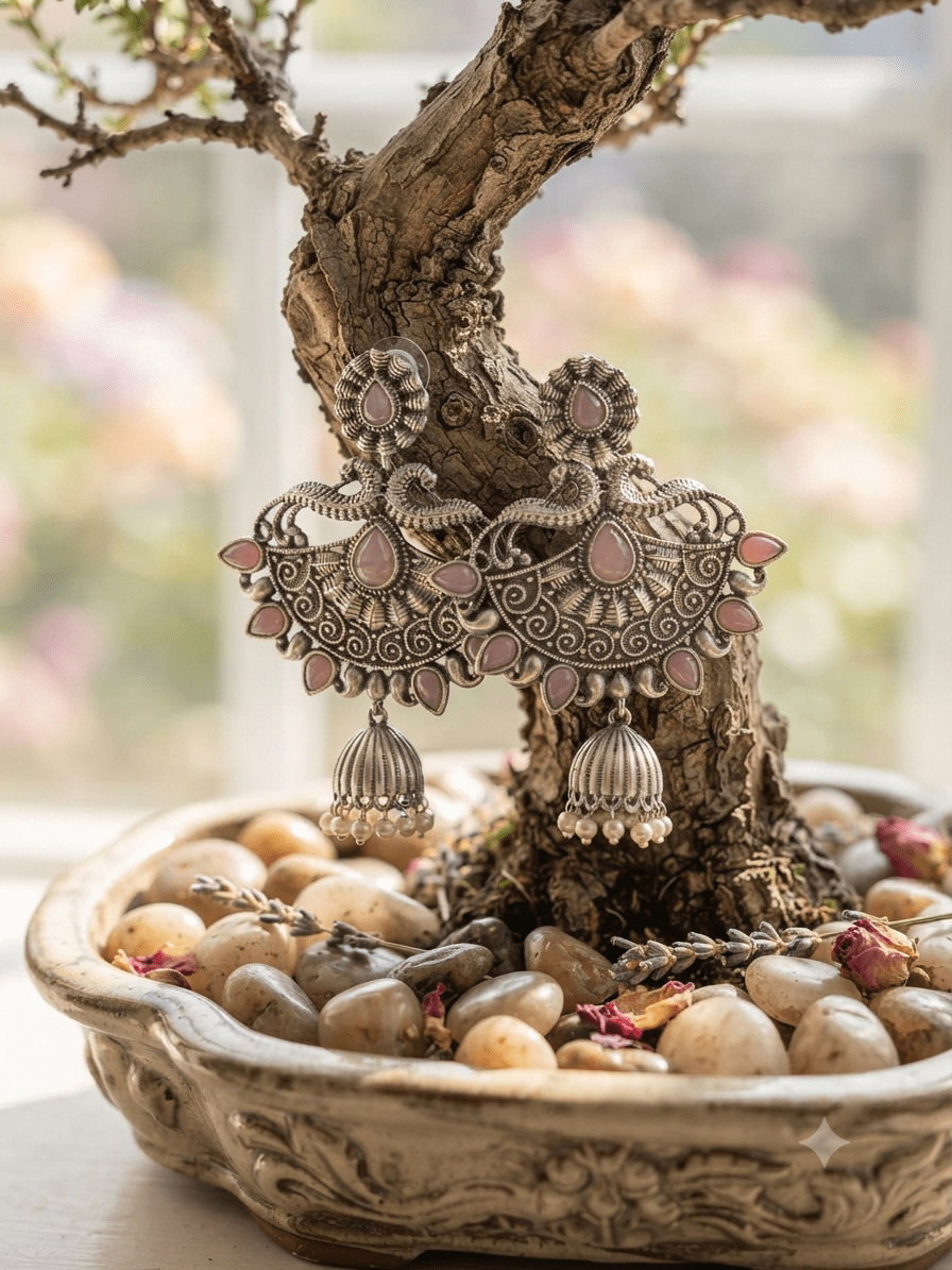 Blush Chandbali Jhumkas - Silver