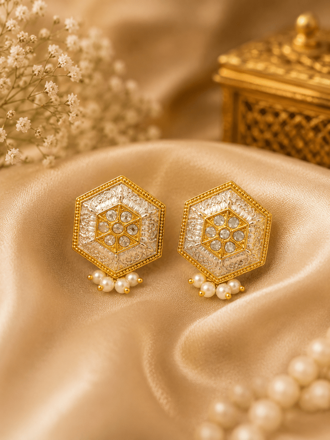Noor Mahal Hexa Studs - Gold & Silver