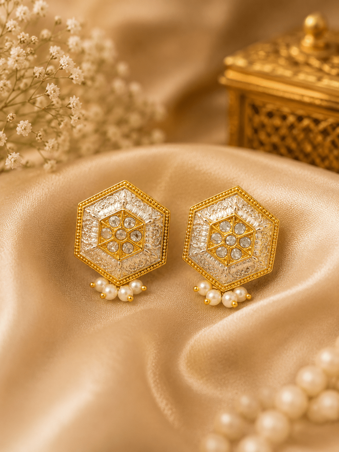 Noor mahal hexa studs   gold & silver
