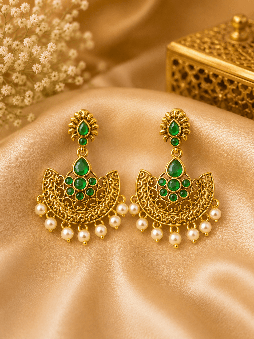 Green: Gulnaar Emerald Earrings - Gold