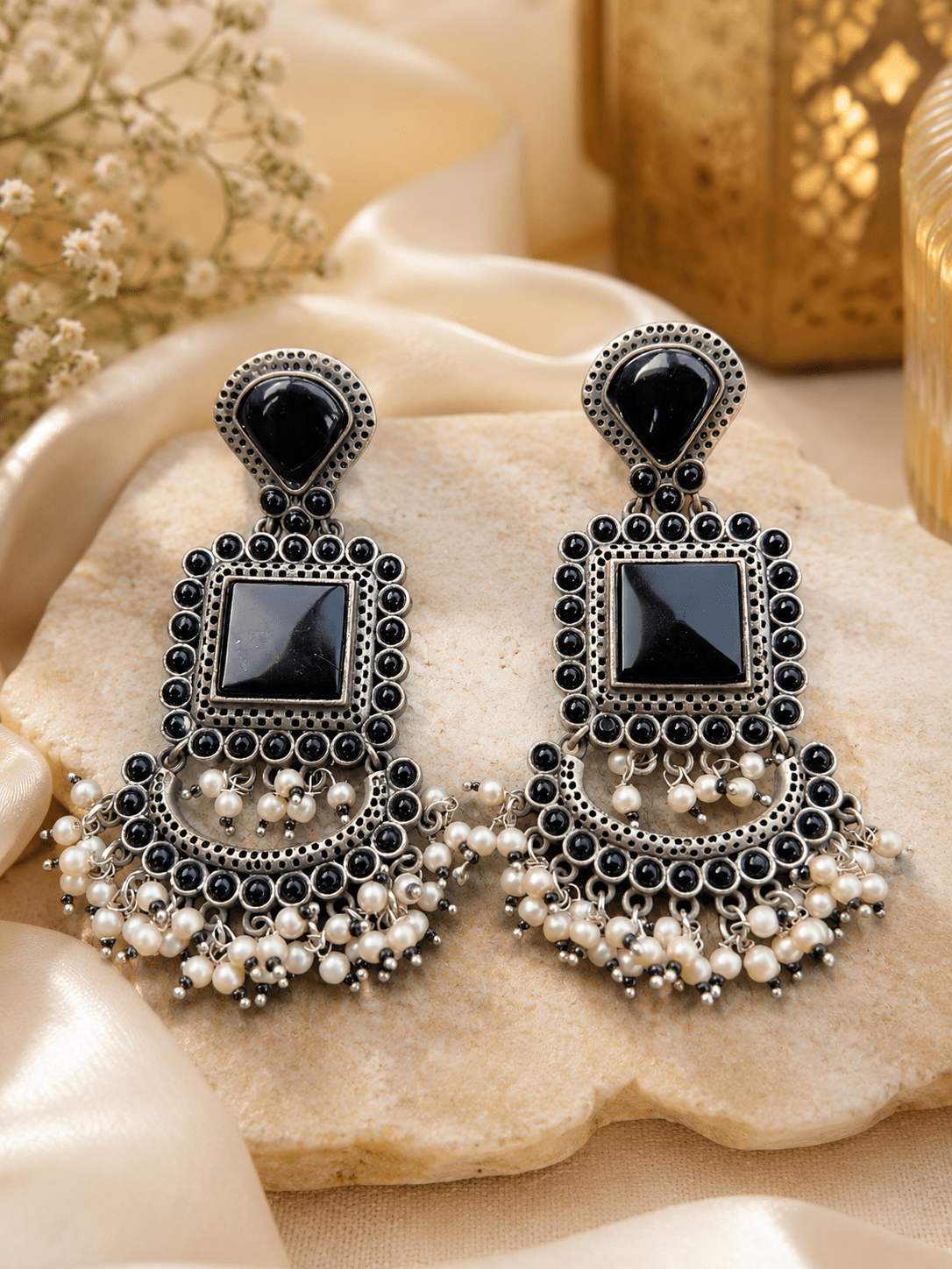 Noir pearl chandbali earrings   black & silver