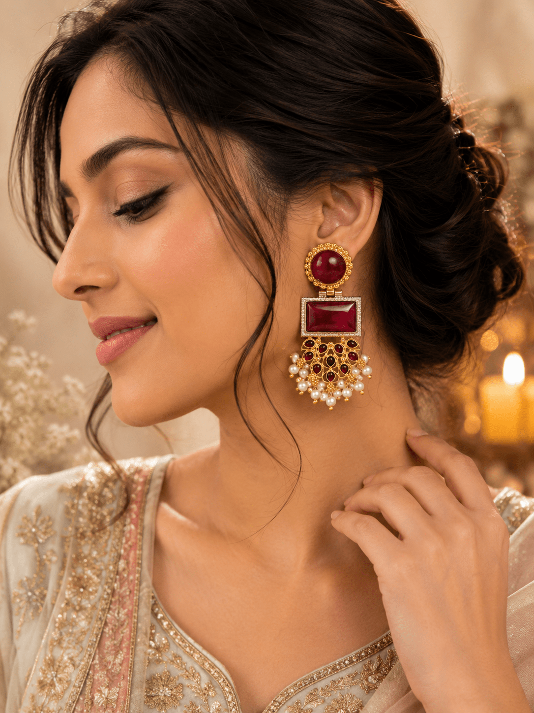 Ruby pearl cascade earrings   red & gold