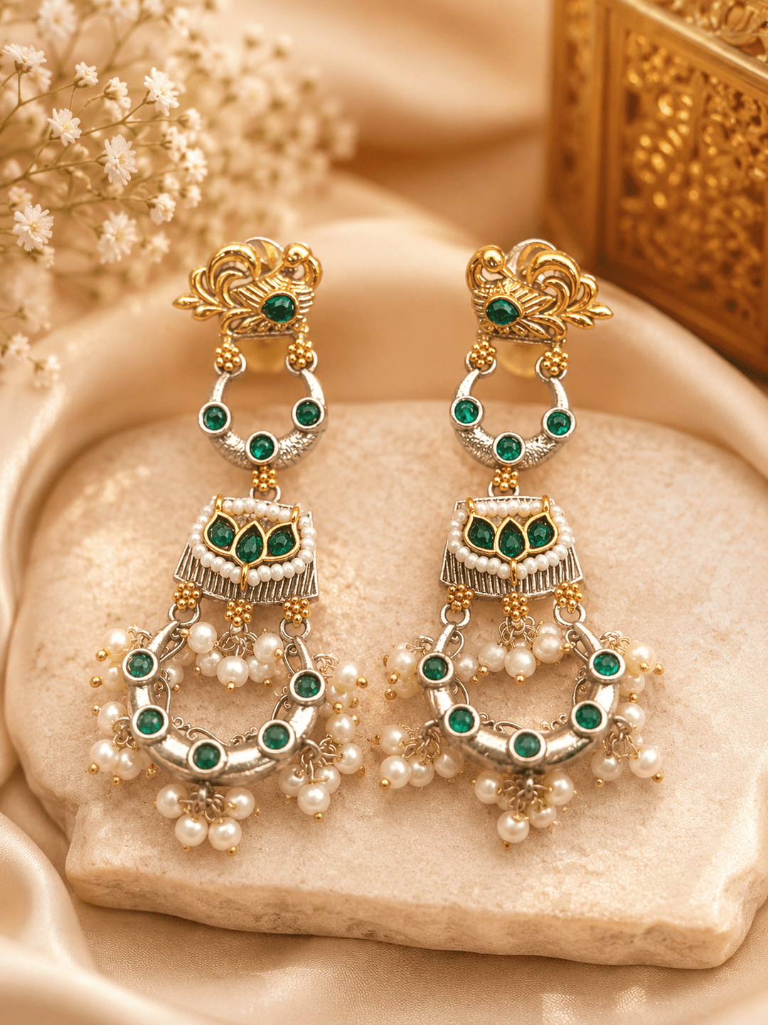 Gulnaar Pearl Chandbali Earrings - Multicolor