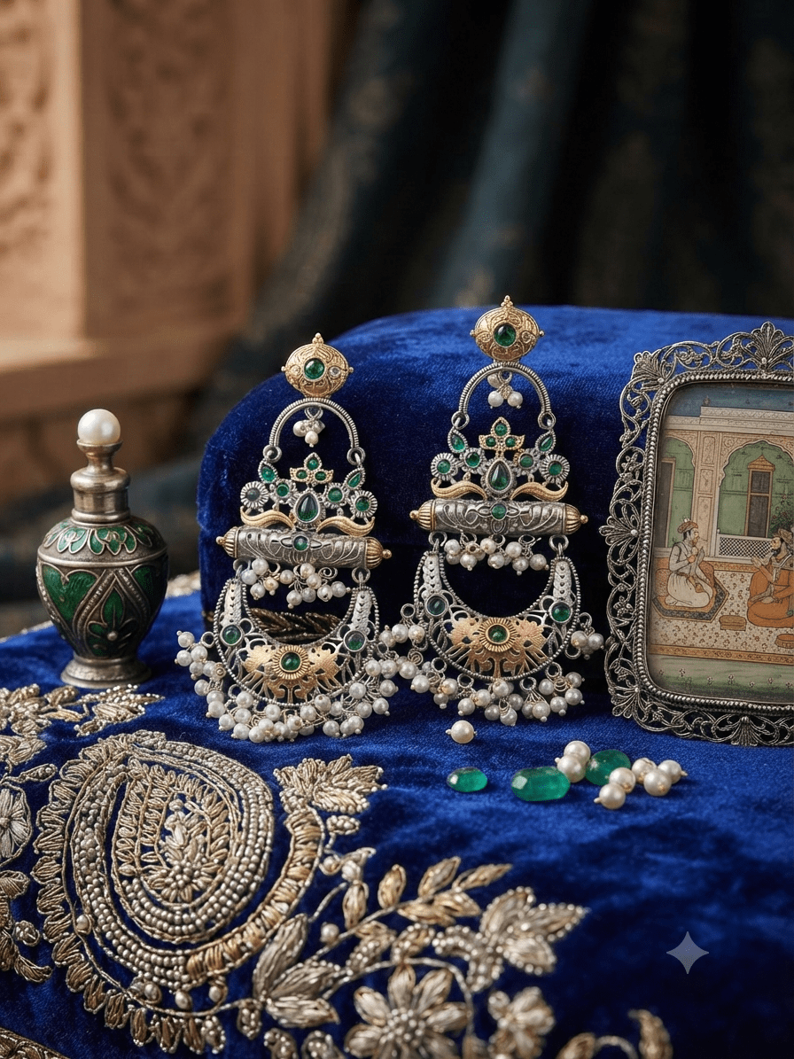 Meher emerald pearl chandeliers   green & silver