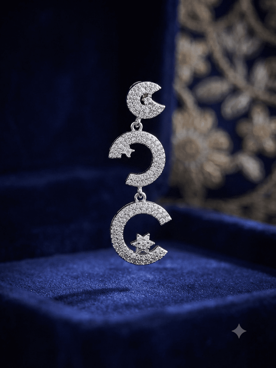 Triple Moon Sparkle Earrings - Silver
