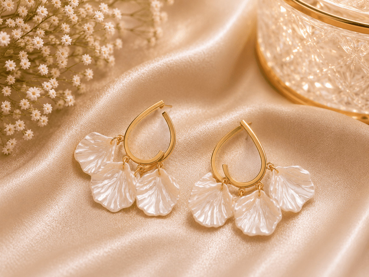 Pearl petal hoop earrings   gold