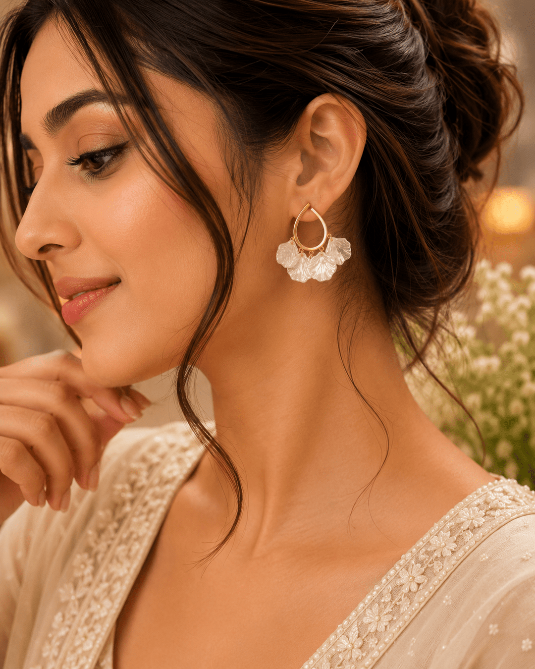 Pearl Petal Hoop Earrings - Gold