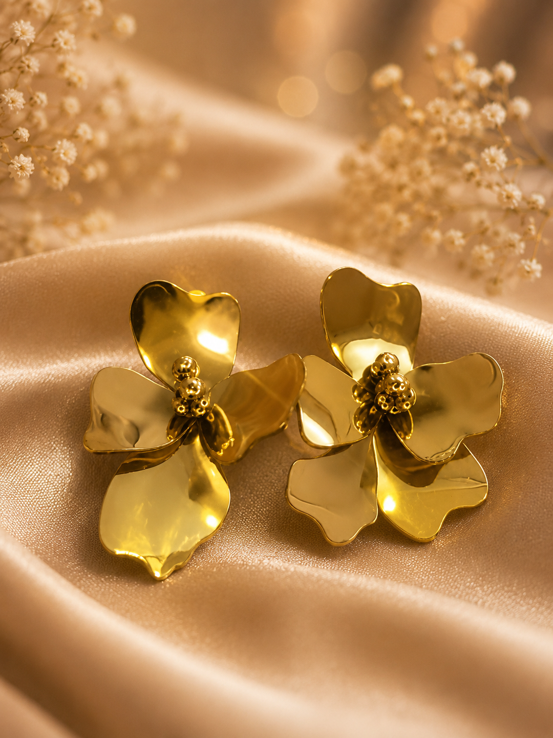 Golden Petal Bloom Earrings - Gold Alloy