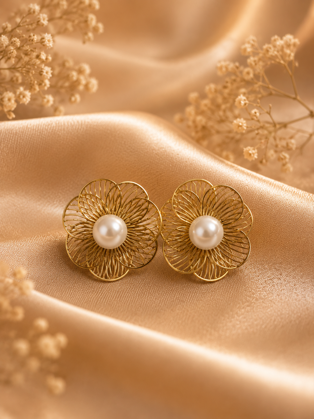 Pearl Bloom Stud Earrings - Gold Alloy