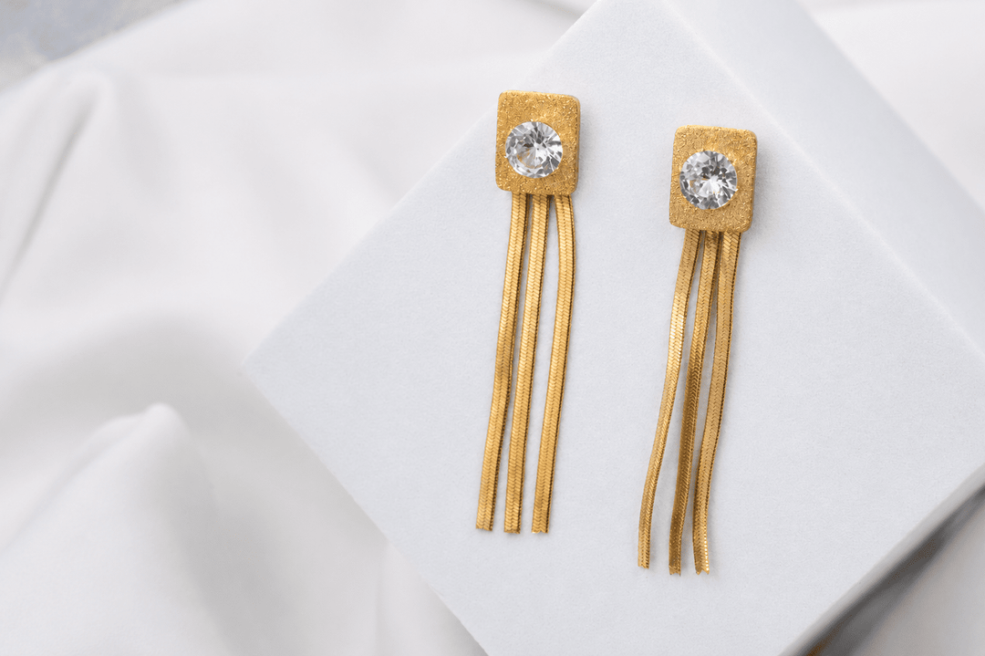 Crystal Chain Drop Earrings - Gold