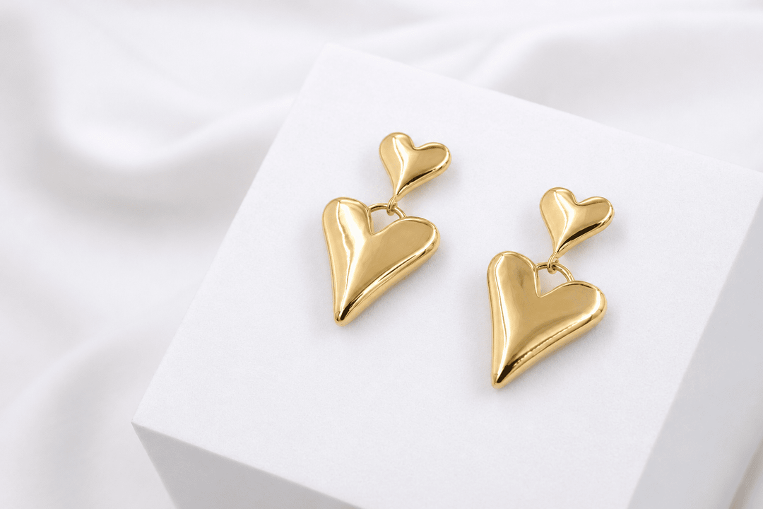 Double Heart Drop Earrings - Gold
