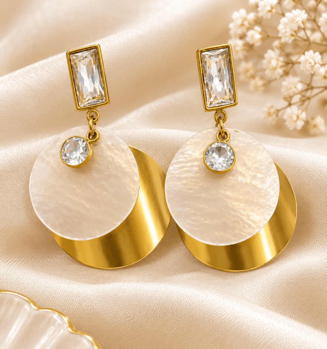 Crystal Disc Drop Earrings - Gold