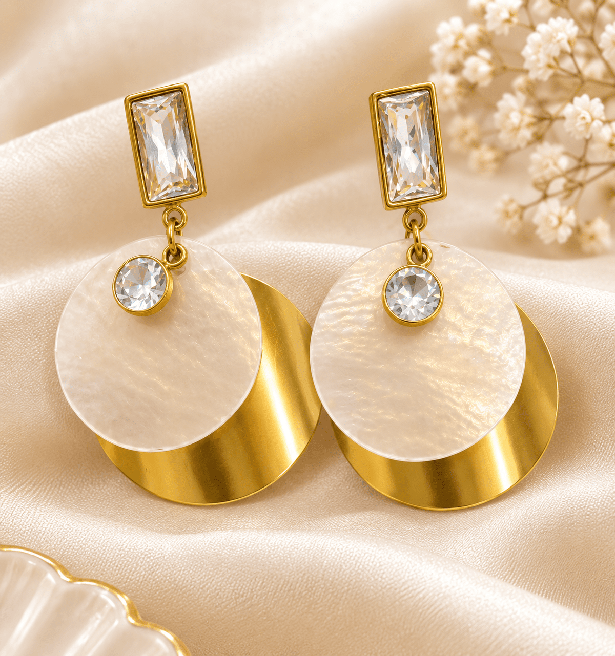 Crystal disc drop earrings   gold