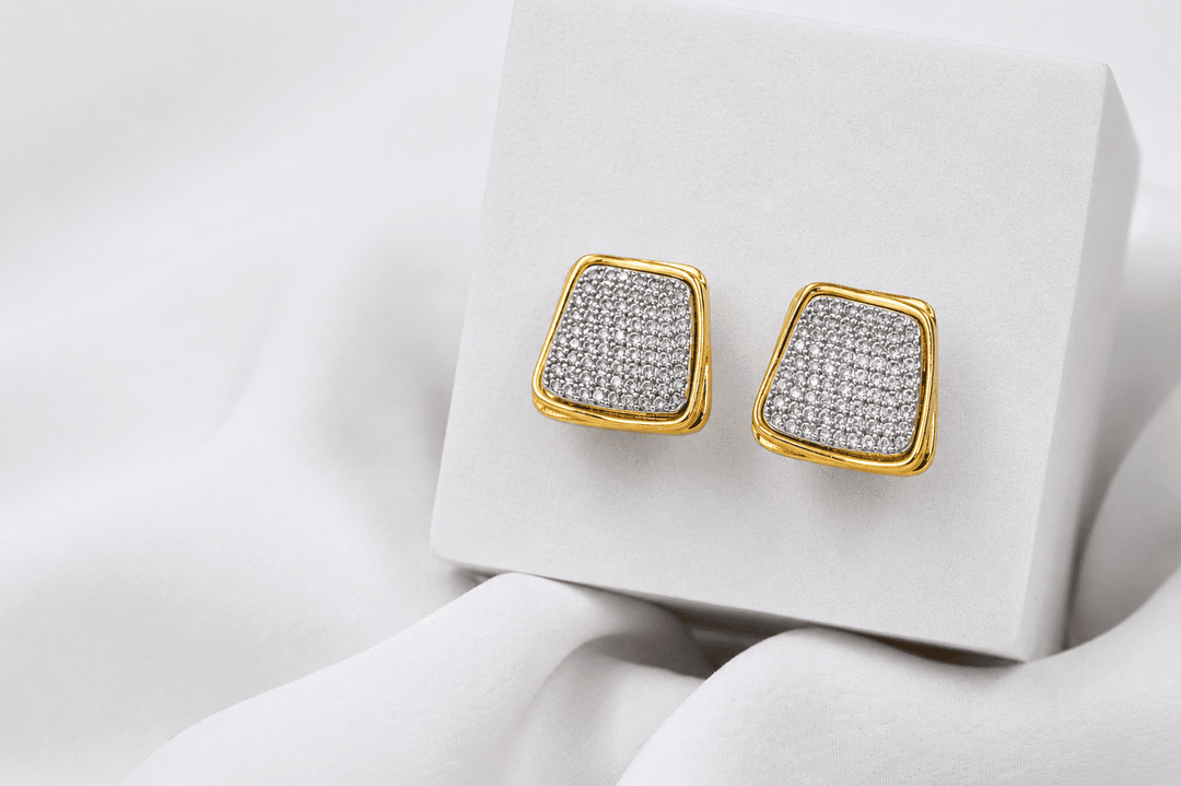Crystal Square Stud Earrings - Gold & Silver