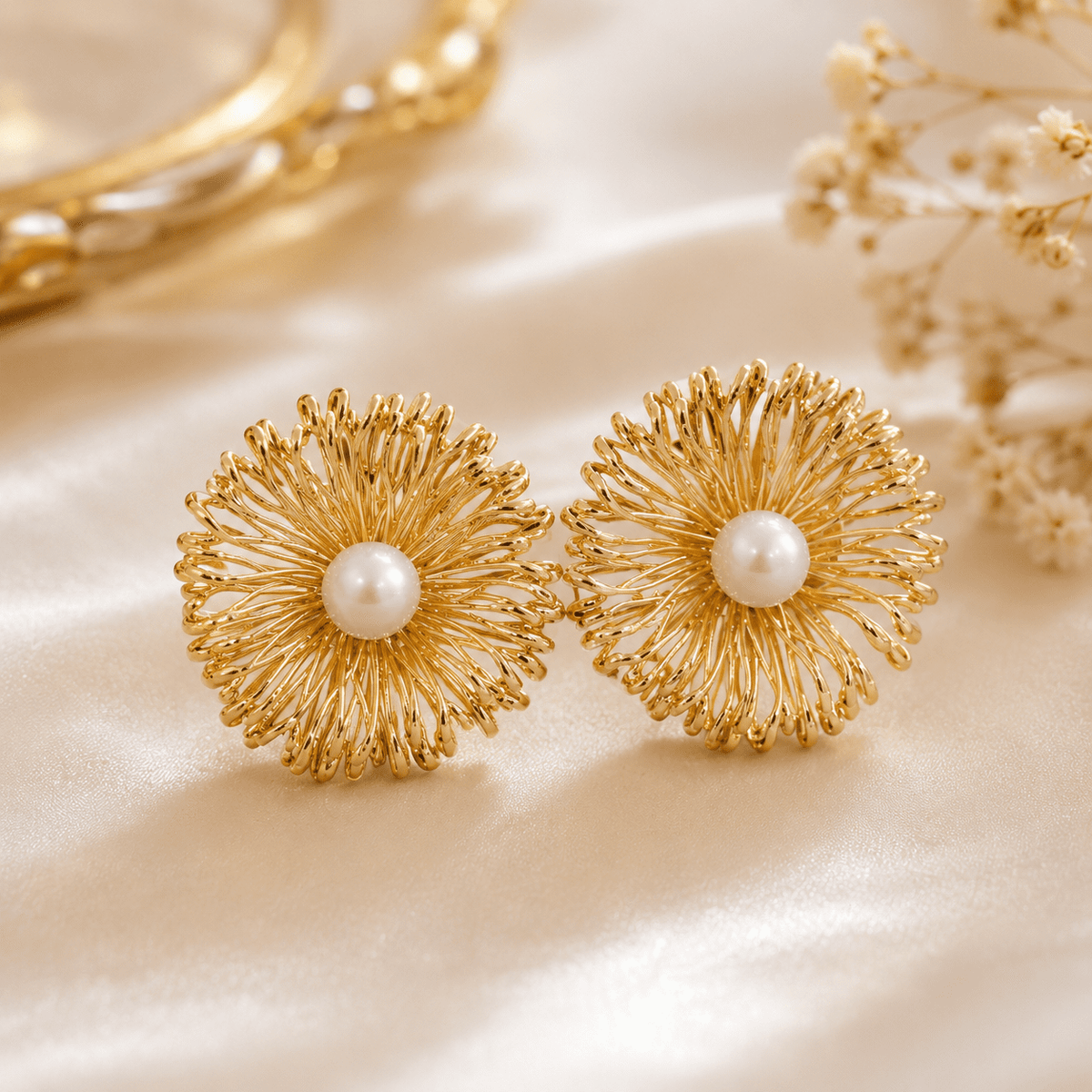 Pearl bloom flower earrings   gold