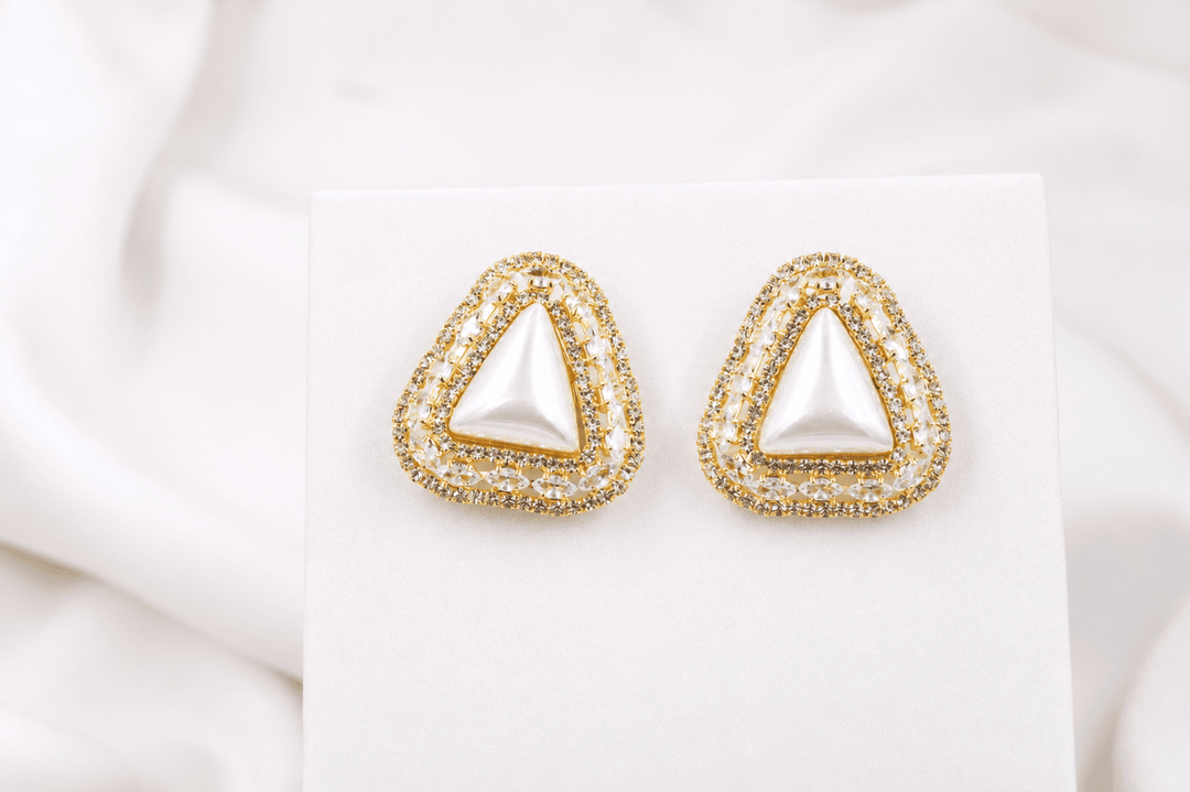 Pearl Triangle Luxe Studs - White & Gold