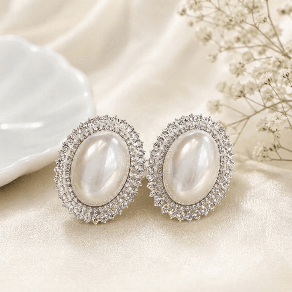 Royal pearl oval studs   silver