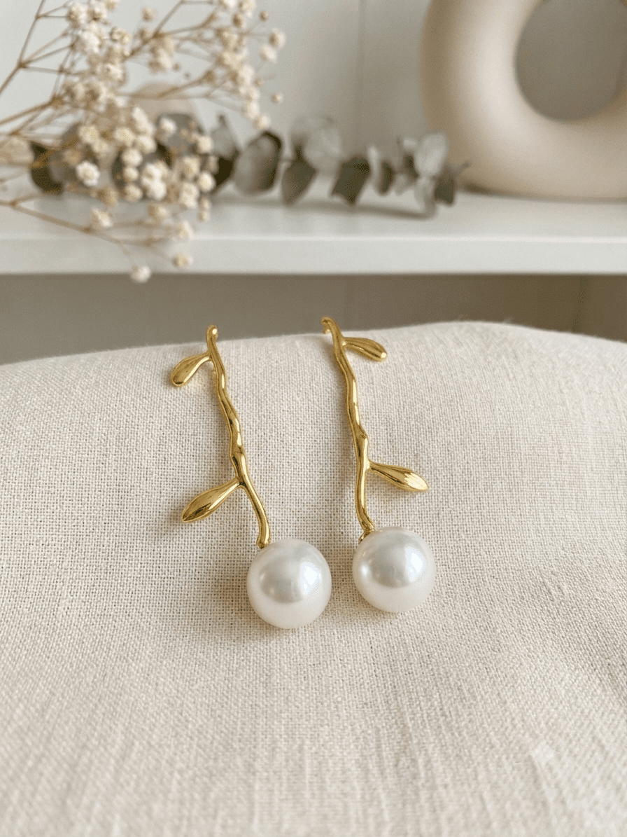 Golden Leaf Pearl Earrings - Gold