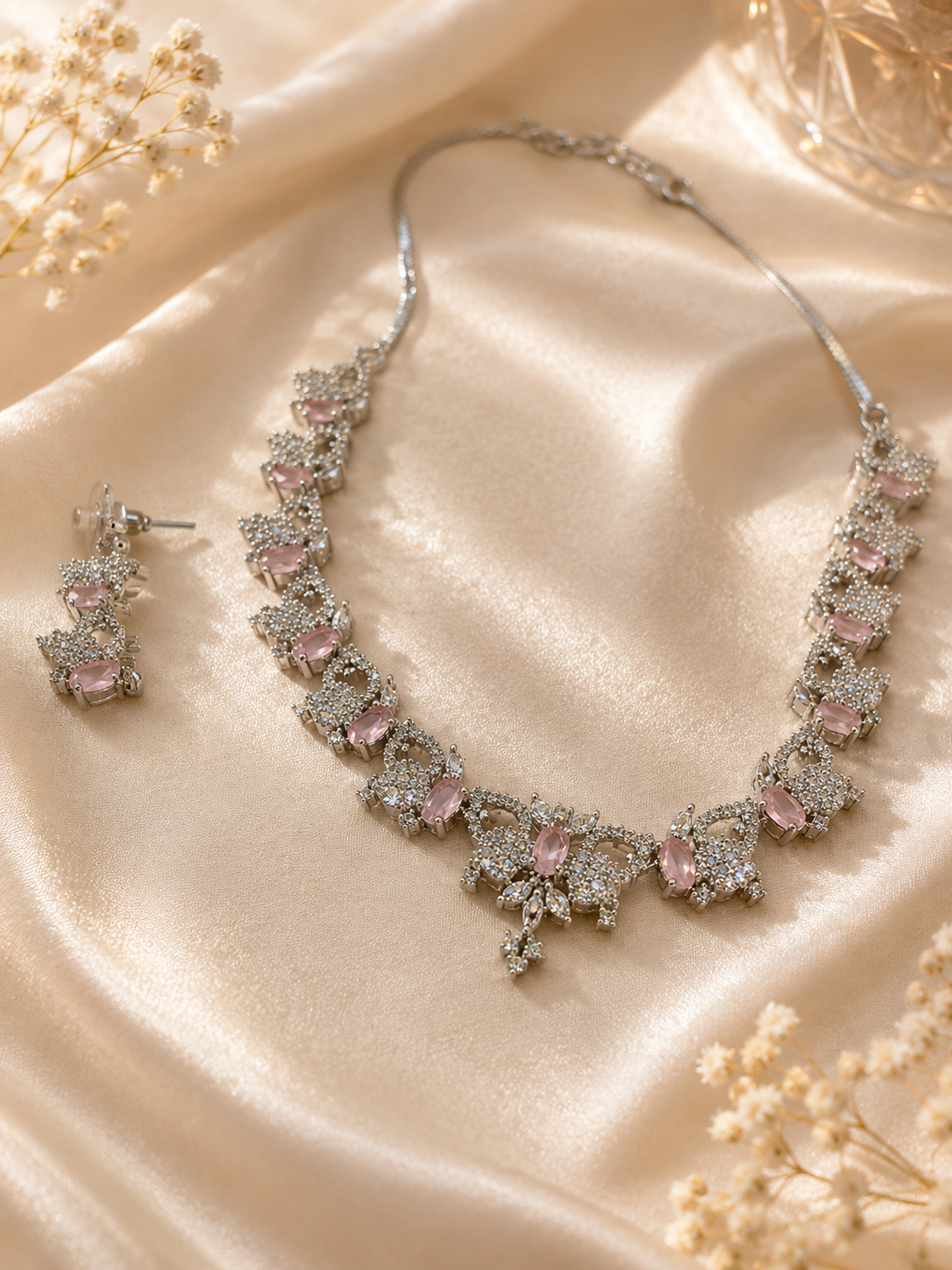 American diamond pink necklace set   silver alloy