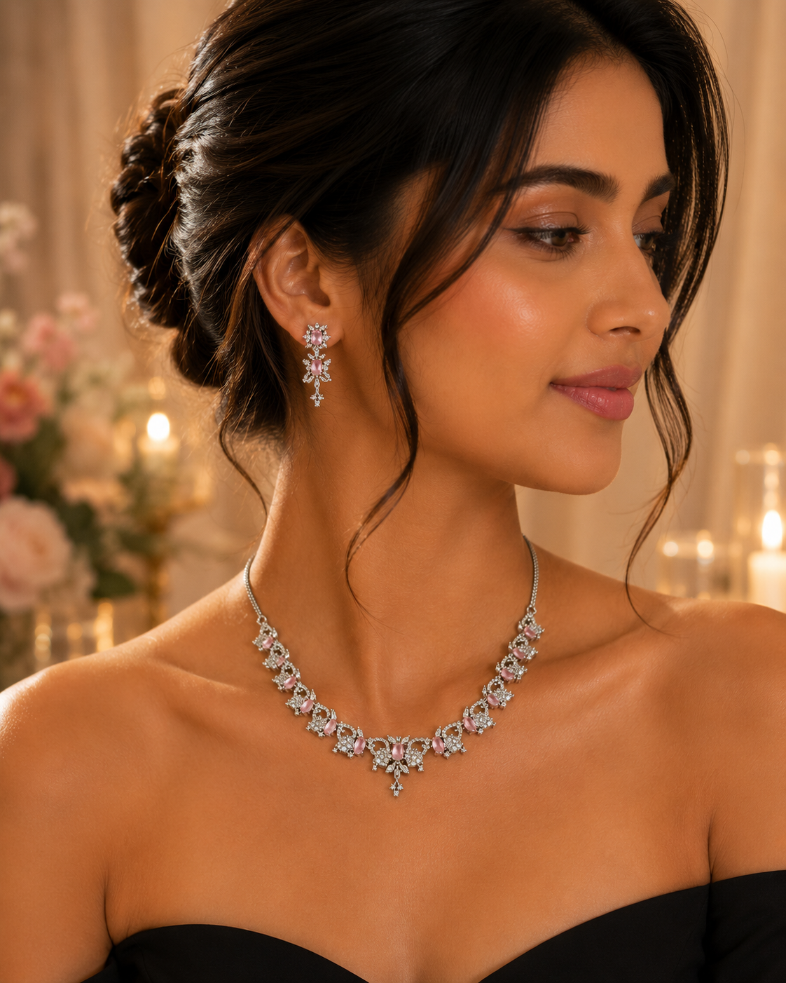 American diamond pink necklace set