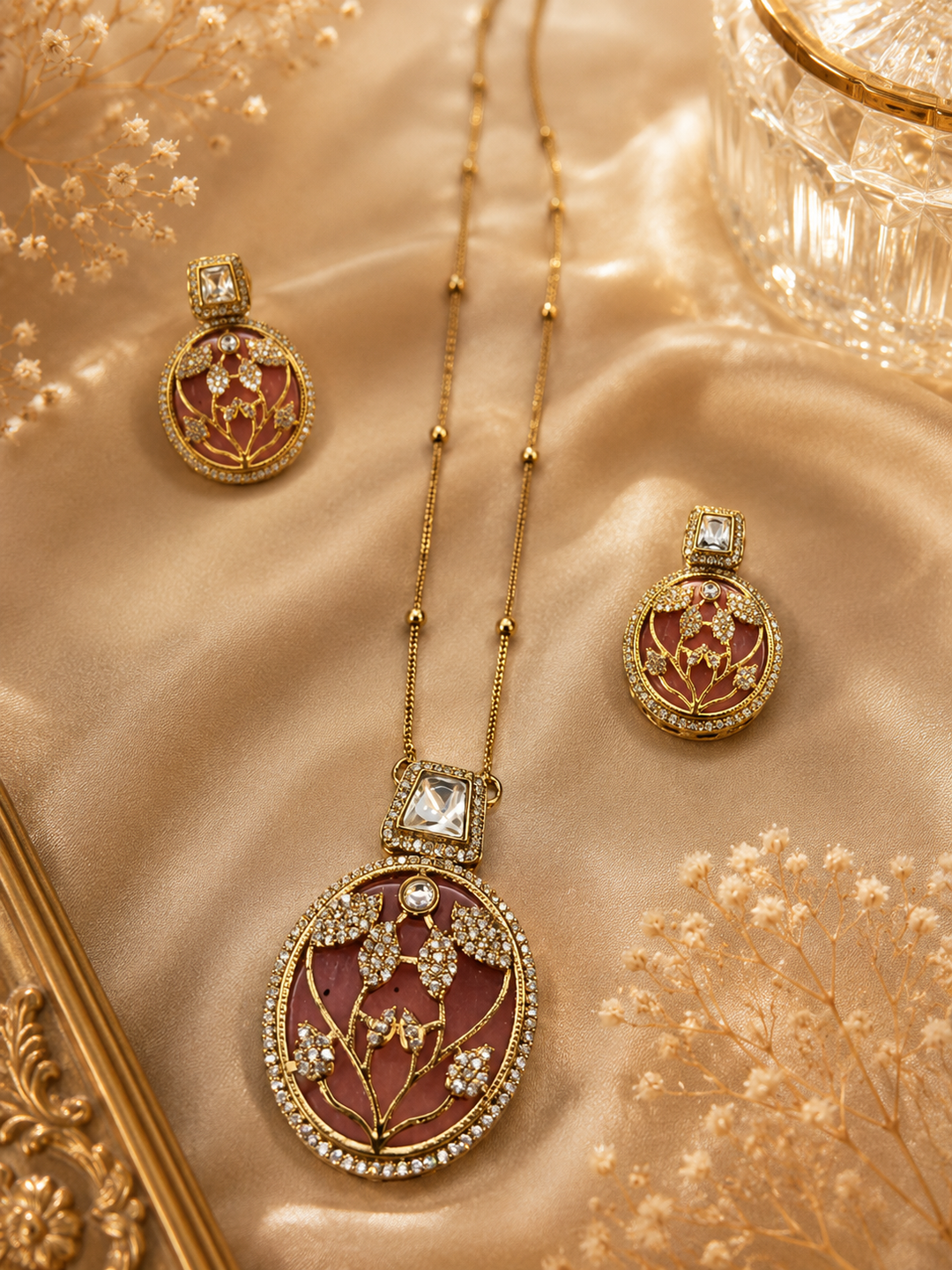 Mauve Bloom Necklace Set - Gold Brass