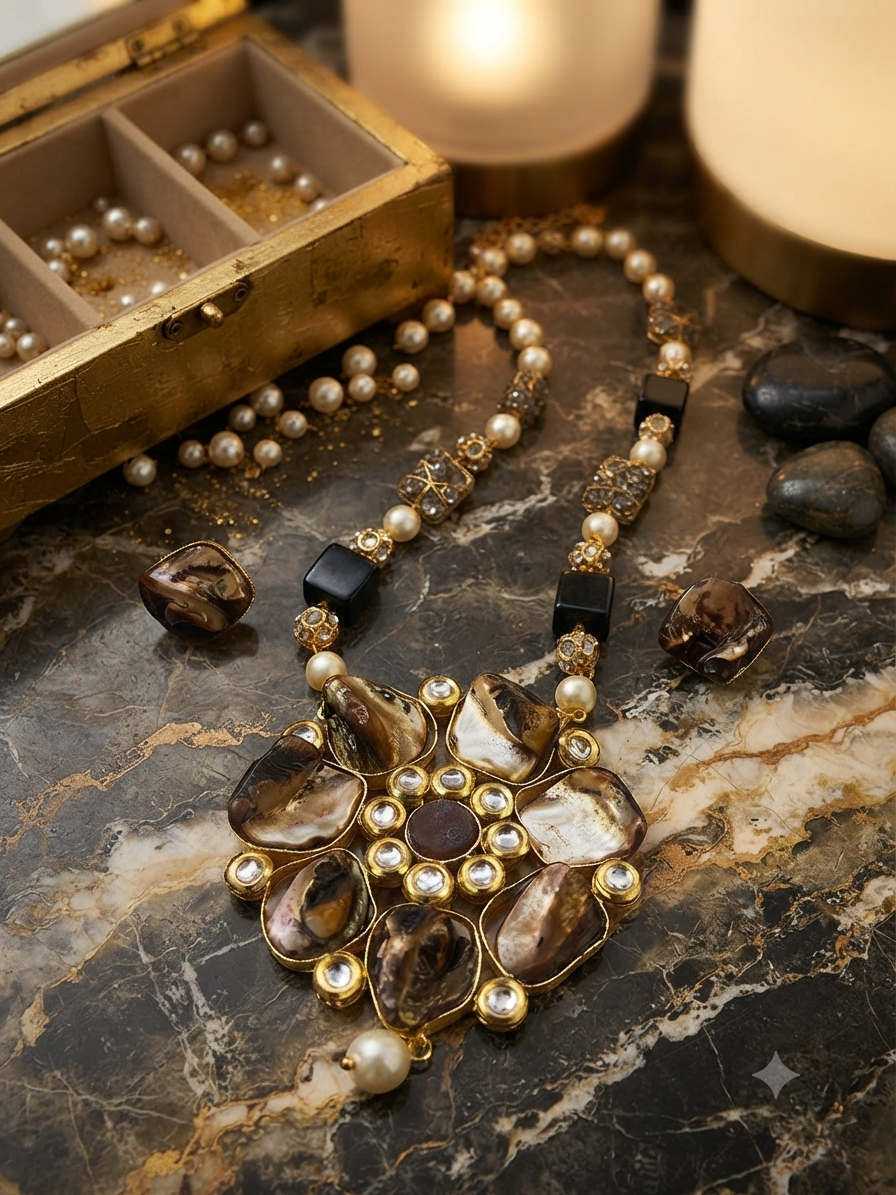 Mocha Bloom Necklace Set - Brown Alloy