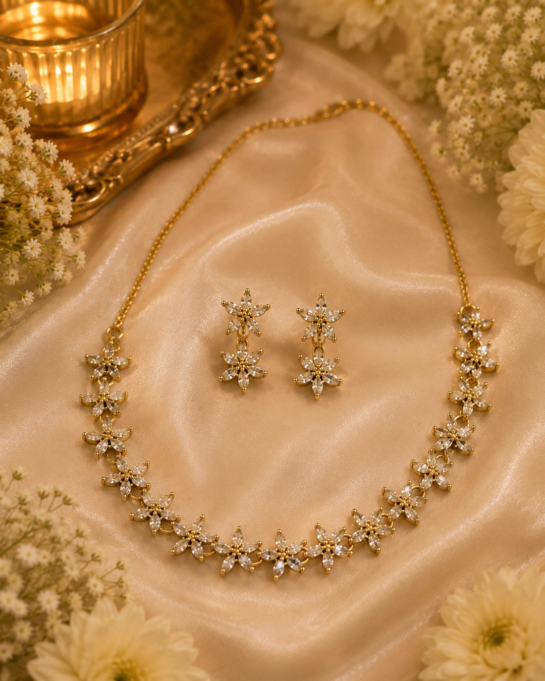 Floral Crystal Necklace Set - Gold Alloy