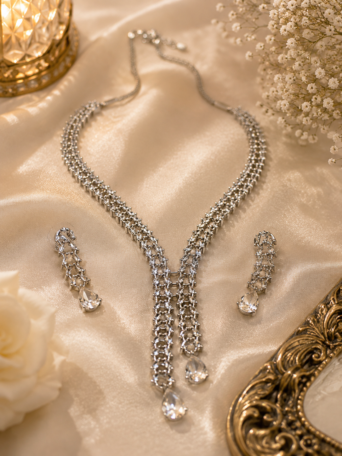 Crystal cascade necklace set (y shape)   silver alloy