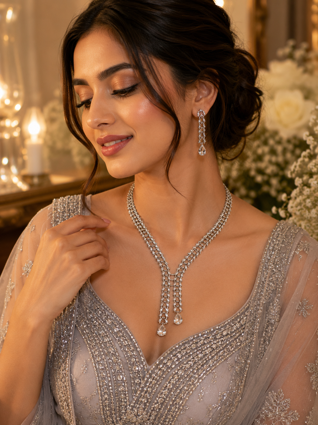 Crystal Cascade Necklace Set (Y Shape)