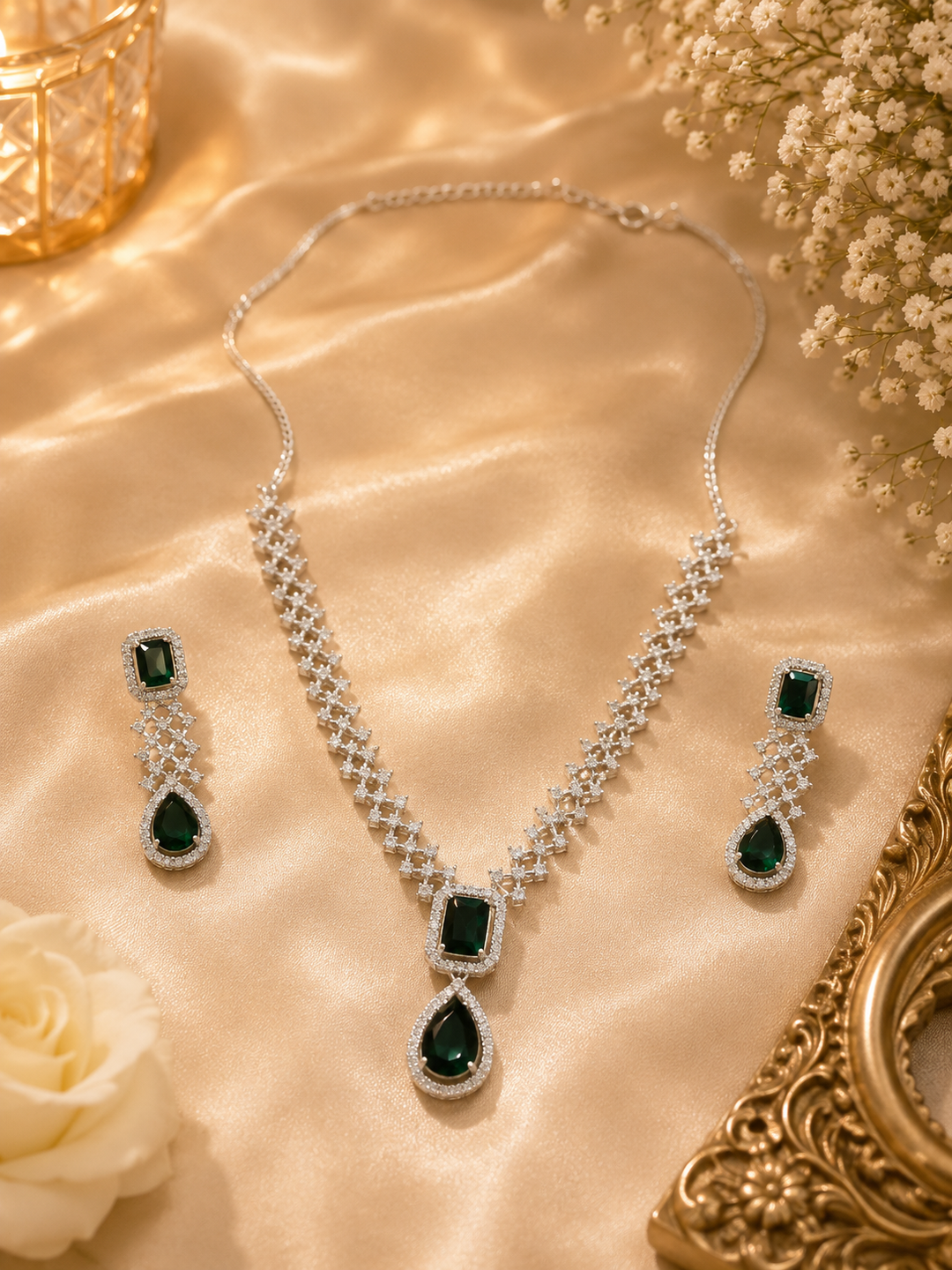 Emerald Royale Necklace Set - Green & Silver Alloy