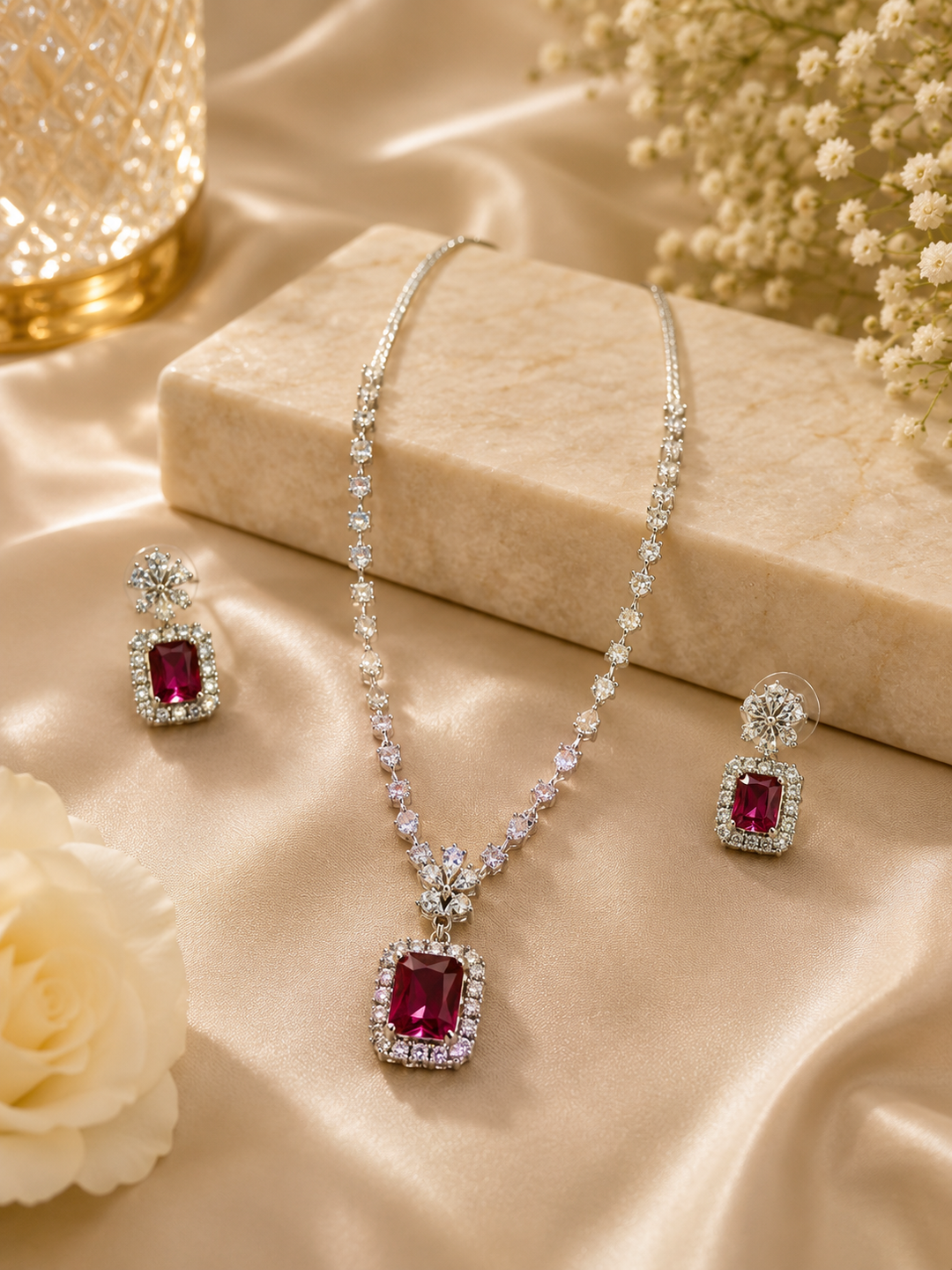 Ruby Royale Necklace Set - Maroon & Silver Alloy