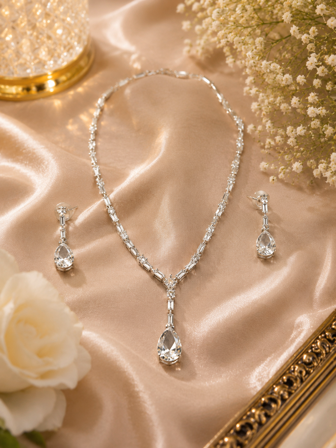 Diamond dewdrop set   crystal & silver alloy