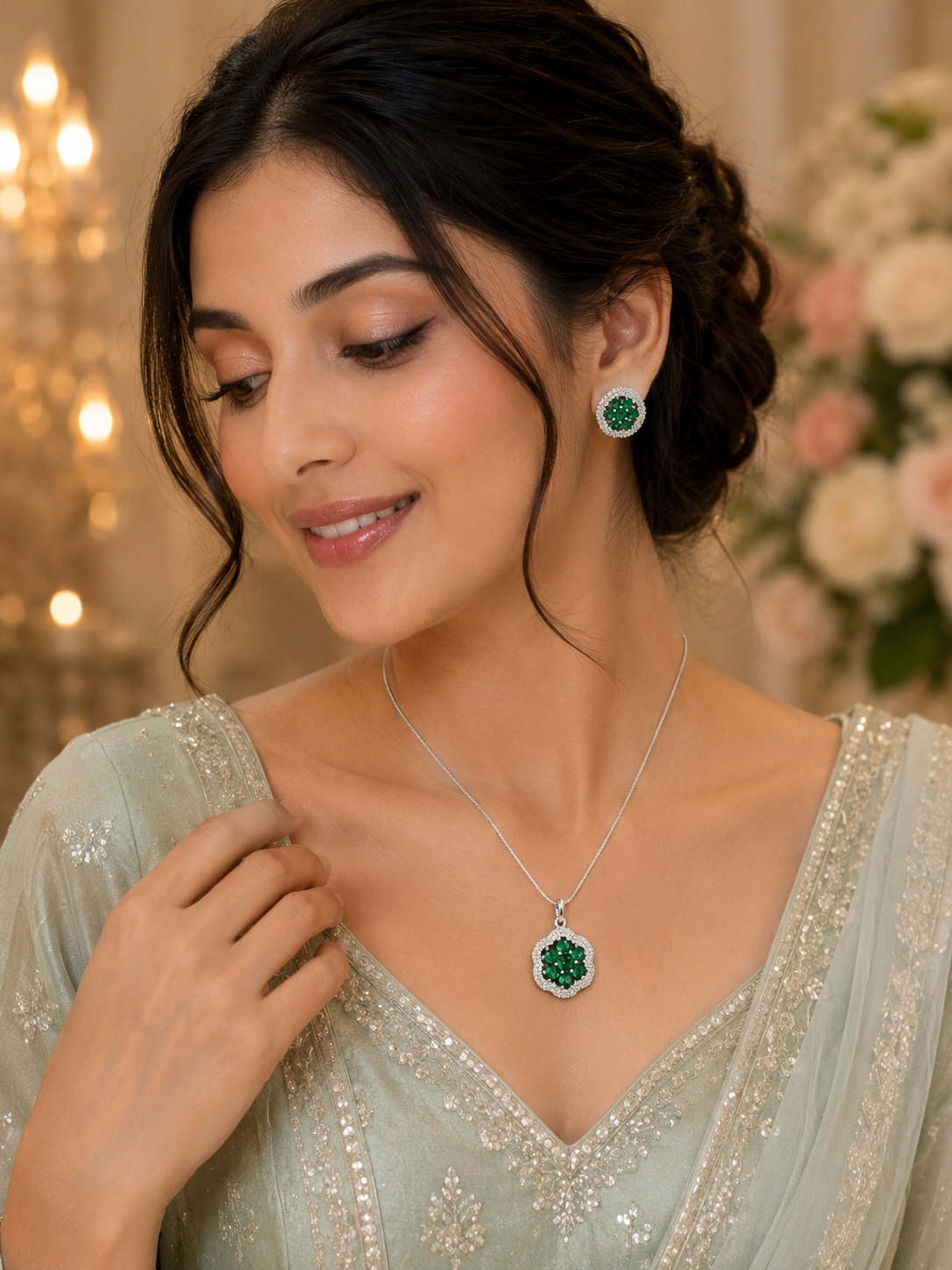 Emerald bloom pendant set