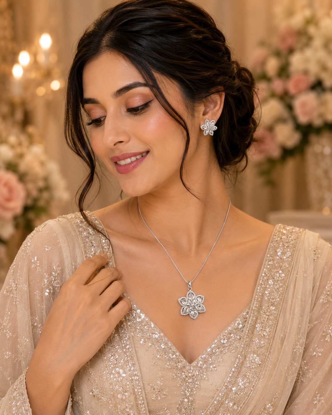 Crystal blossom floral pendant set