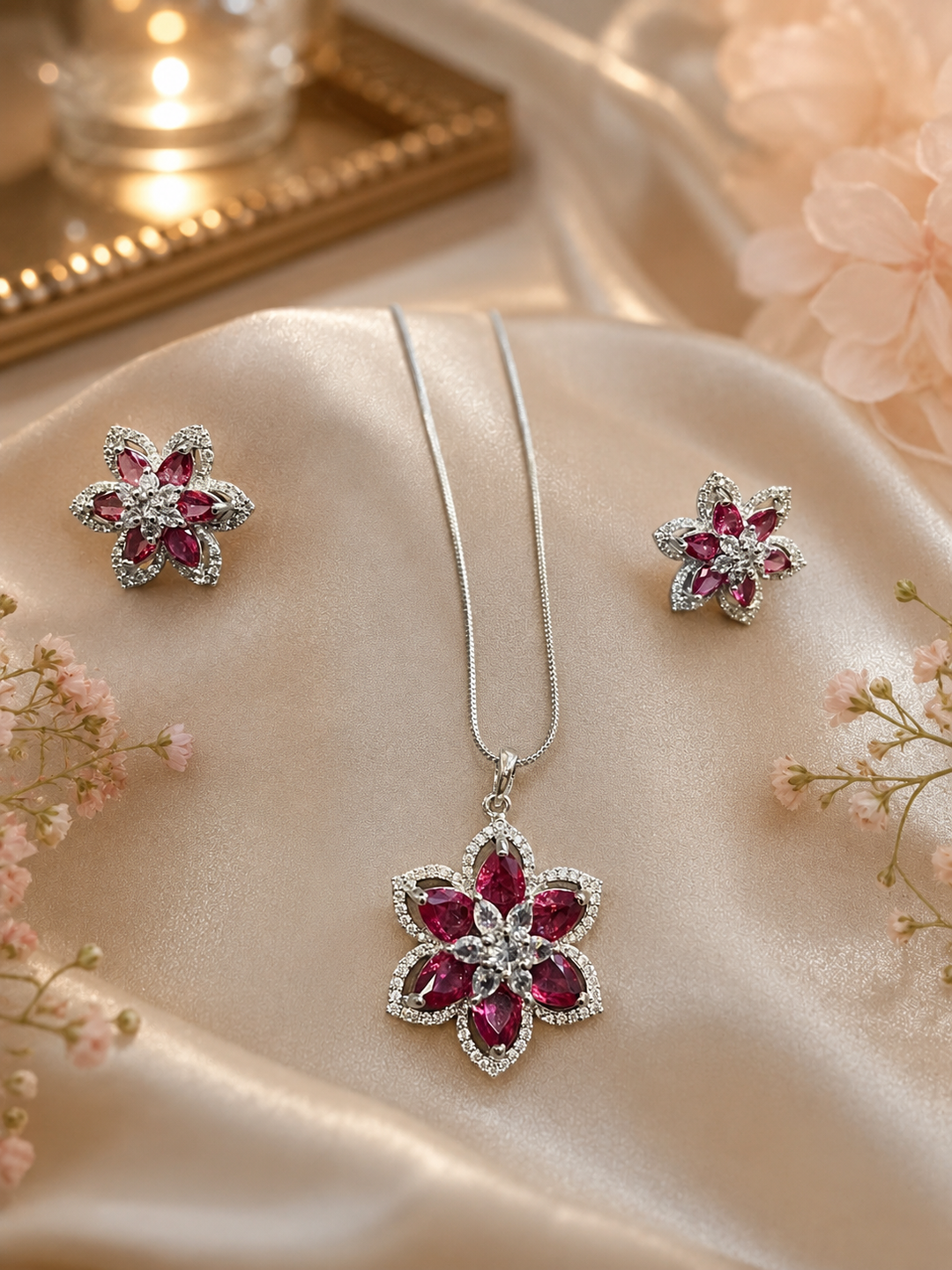 Ruby Blossom Floral Pendant Set - Red Alloy