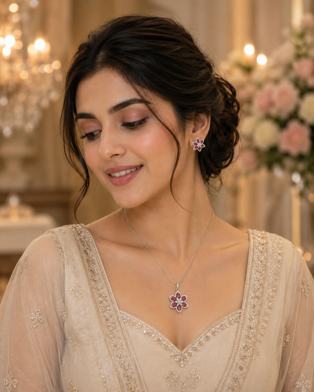 Ruby Blossom Floral Pendant Set