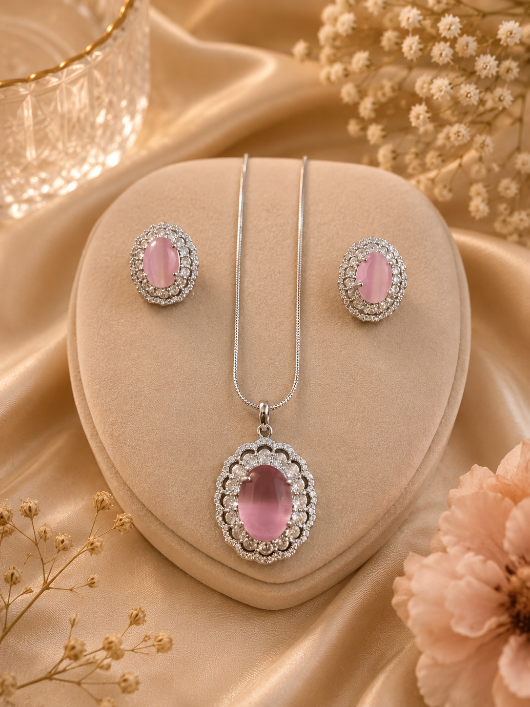 Blush royale oval pendant set   pink alloy