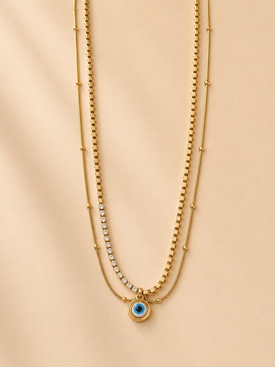 Evil Eye Layered Necklace - Antique Gold