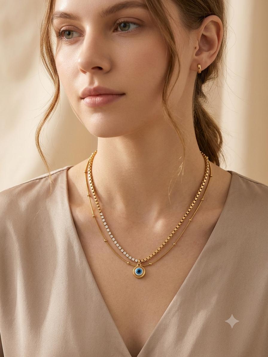 Evil Eye Layered Necklace - Antique Gold