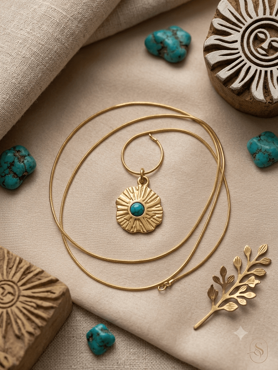 Turquoise Bloom Pendant Necklace - Antique Gold & Turquoise Blue