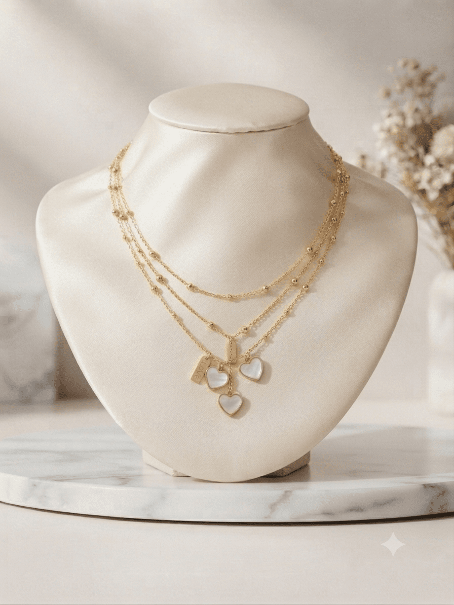 Triple Heart Cascade Necklace - White & Gold
