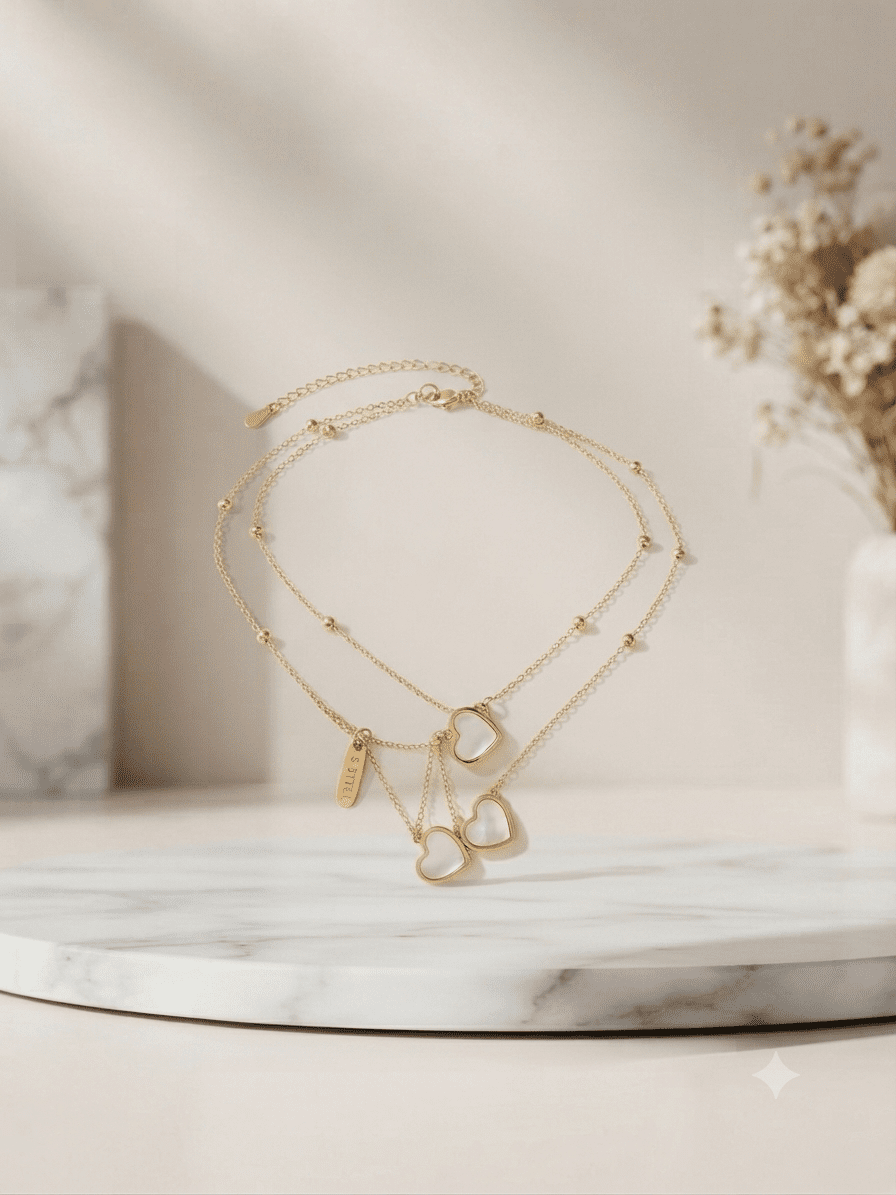 Triple heart cascade necklace   white & gold