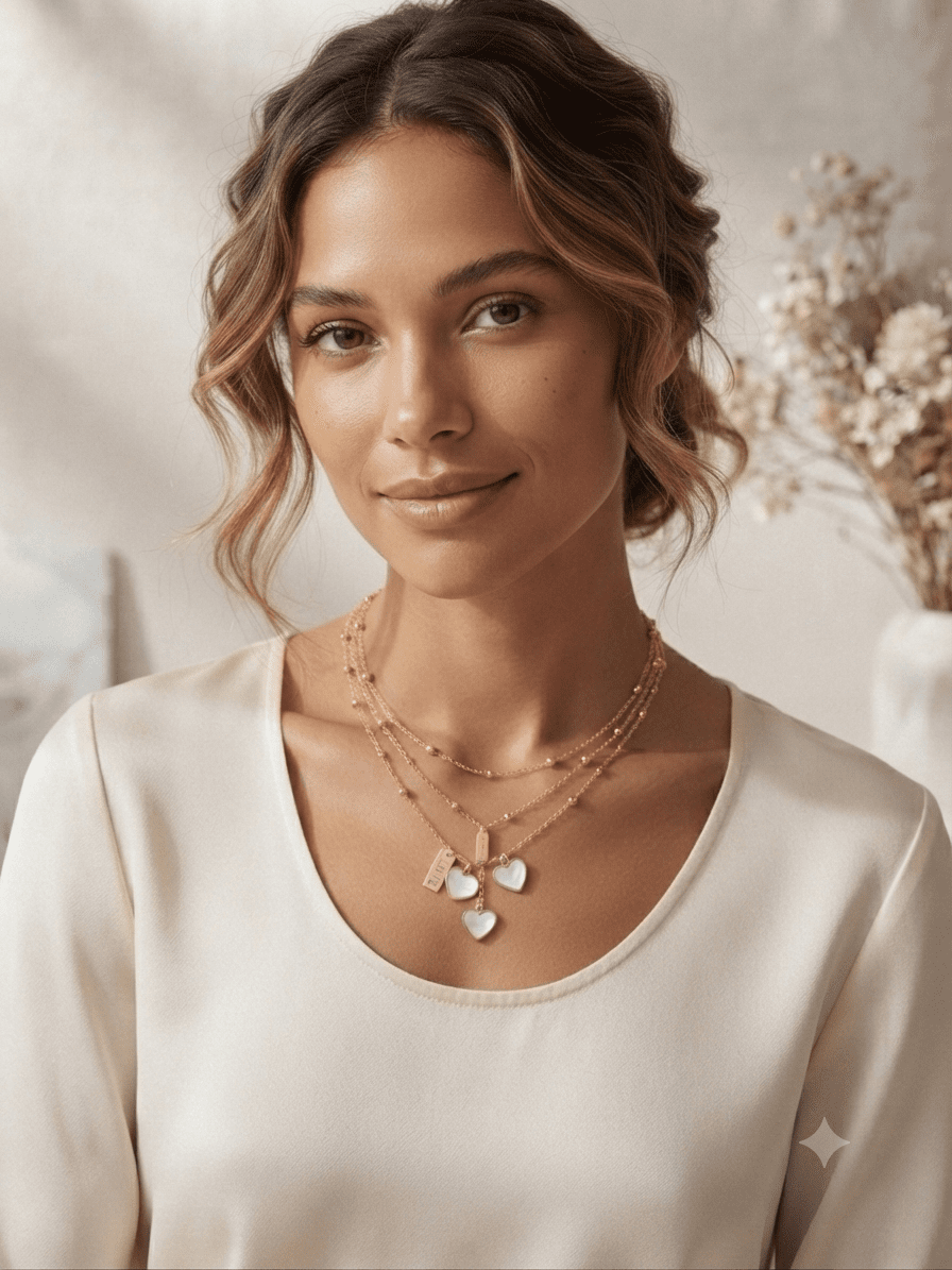 Triple Heart Cascade Necklace - White & Gold