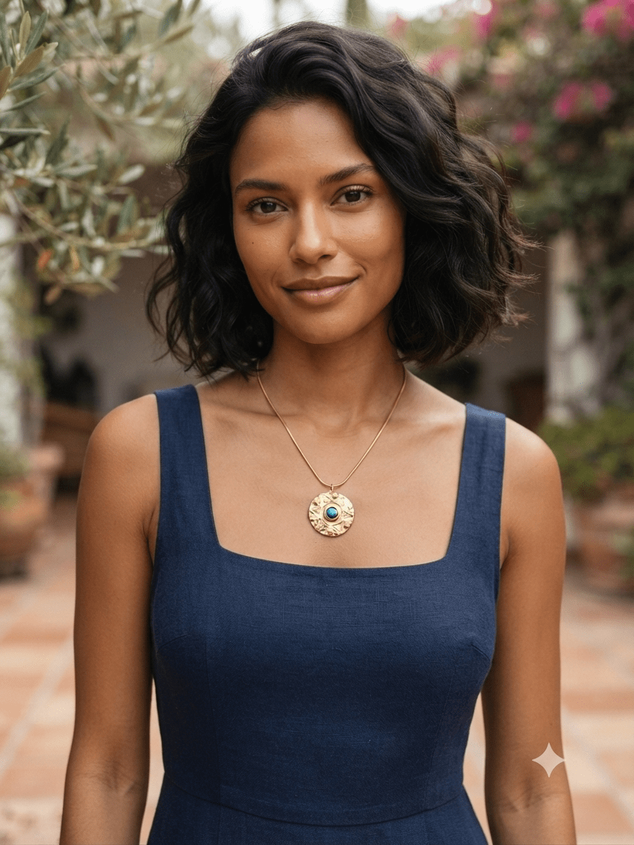 Turquoise Sun Medallion Necklace - Antique Gold