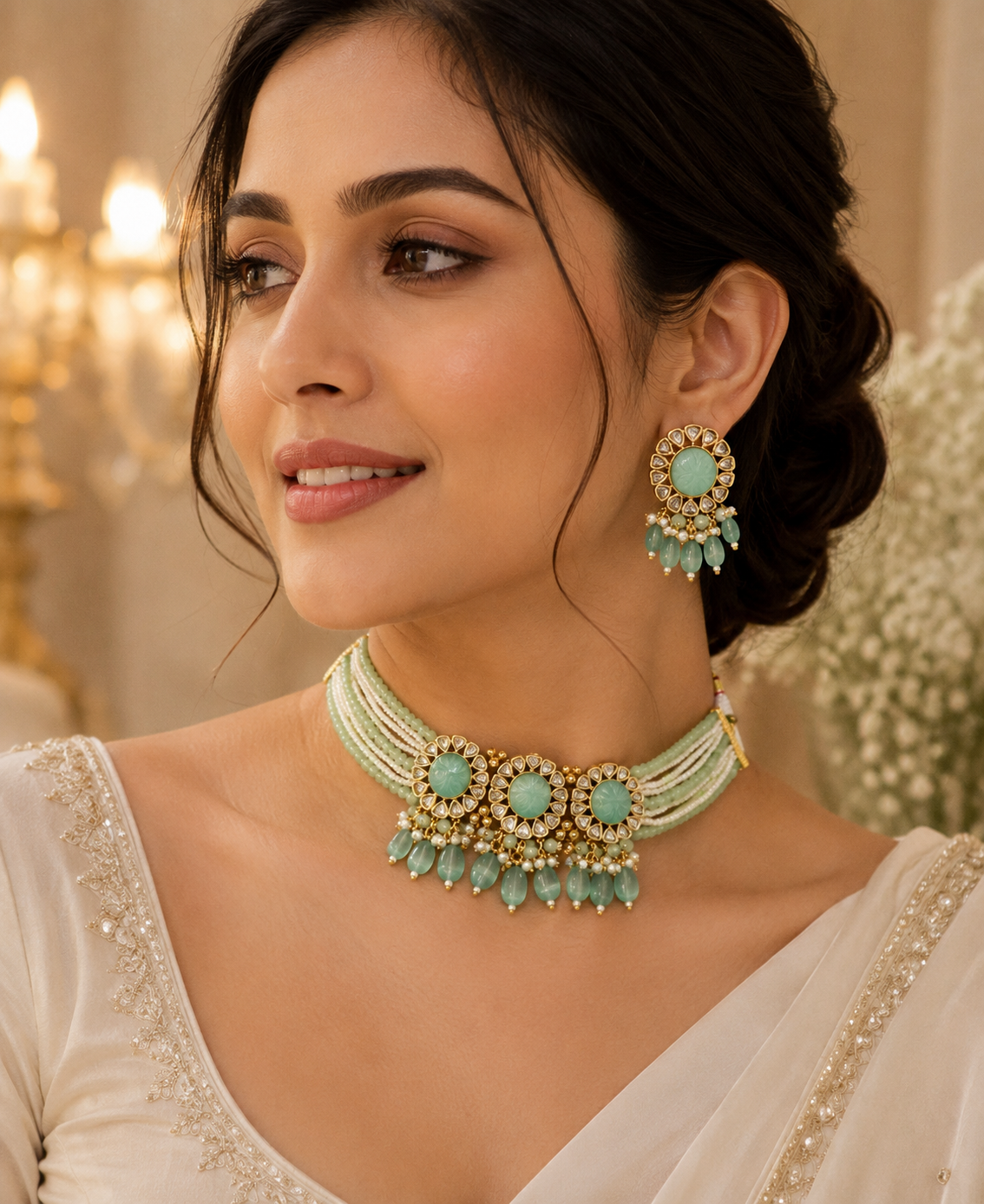 Mint green kundan beaded choker set