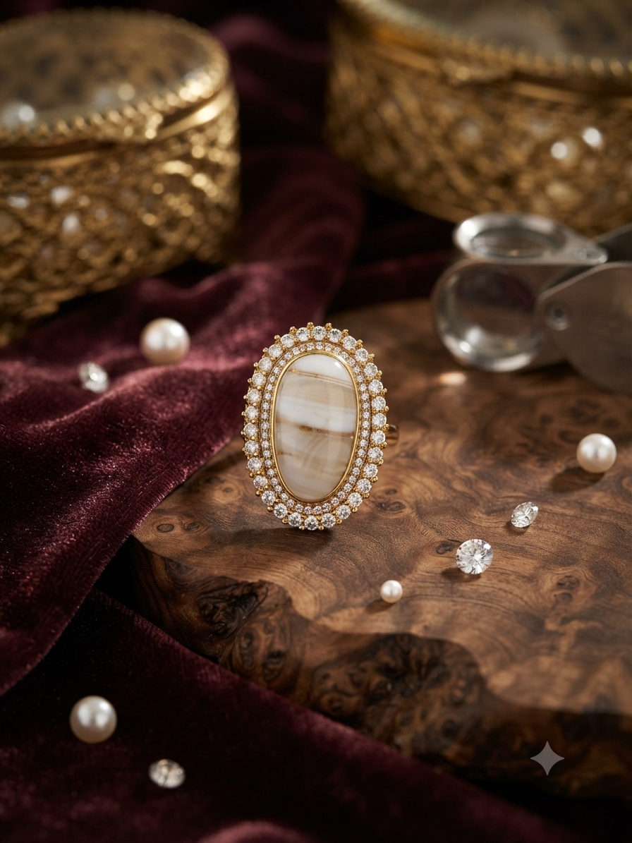 White Marble Halo Ring | Jewel Birds