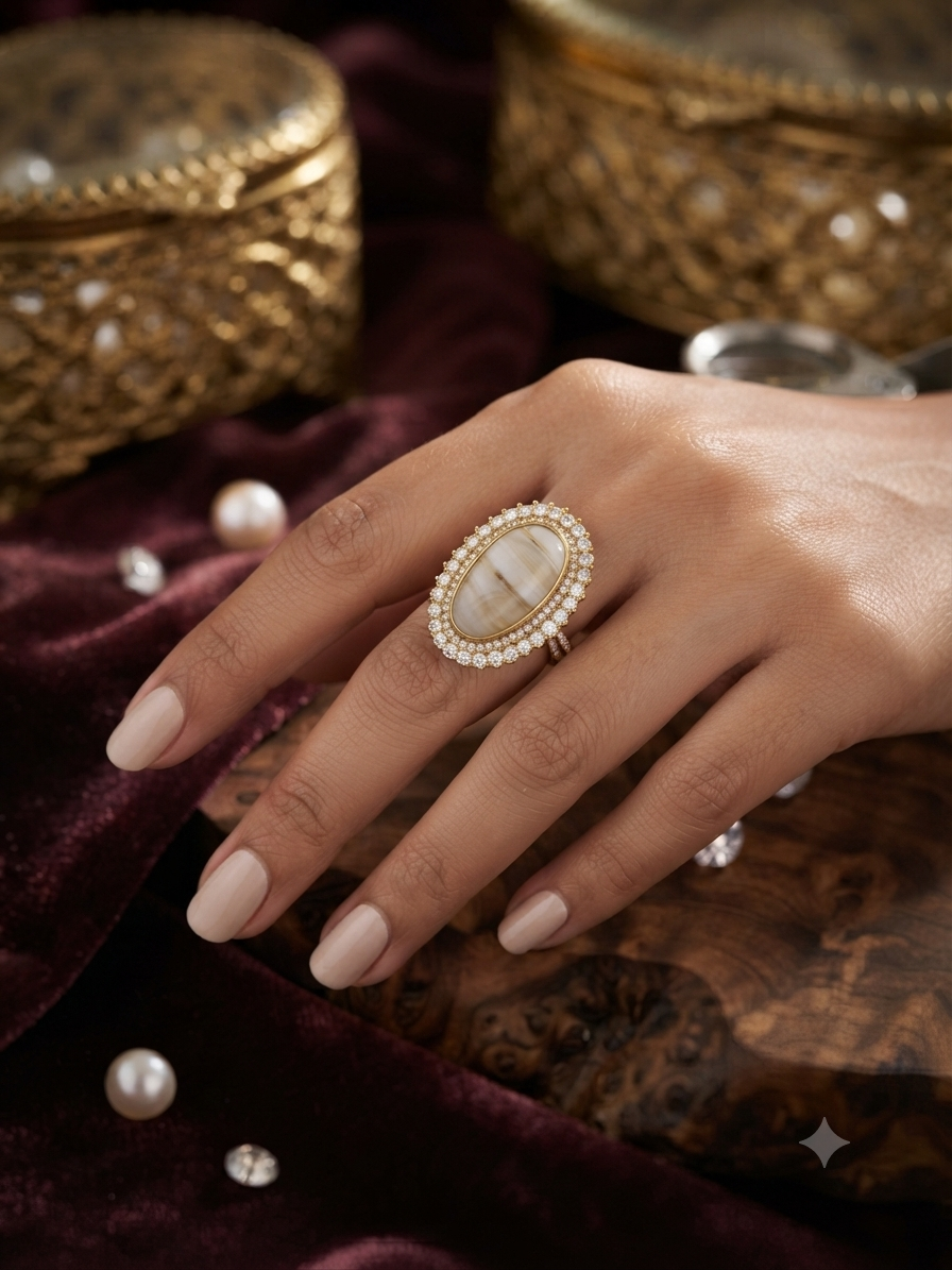 White Marble Halo Ring | Jewel Birds