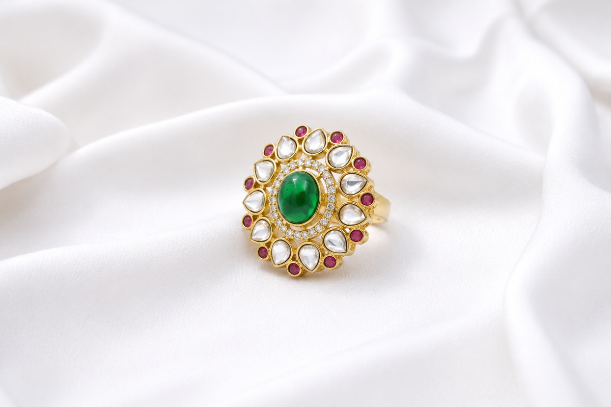 Emerald kundan bloom ring   blue rings