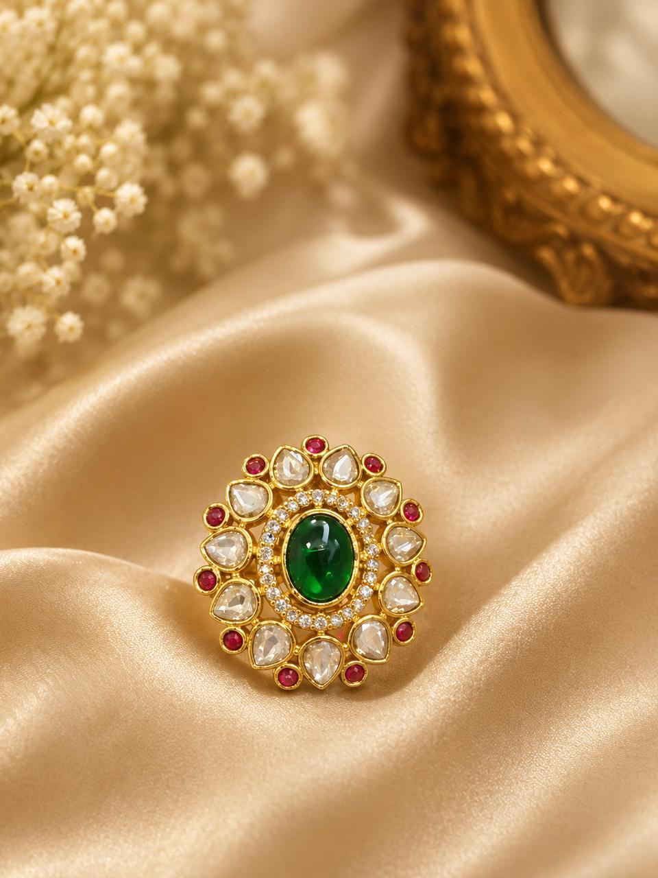 Emerald Kundan Bloom Ring
